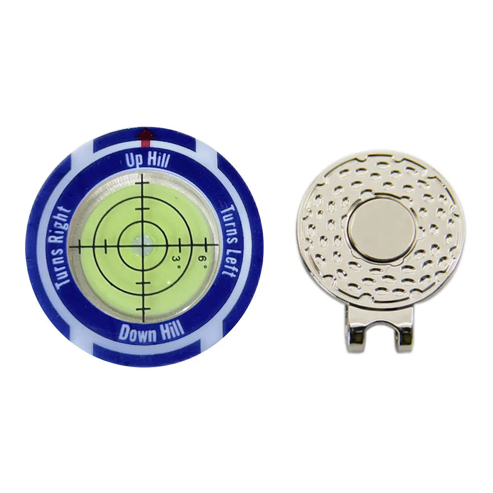 Golf level hat clip with bubble vial and position mark, shown in multiple colour variations.