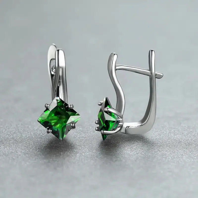 Women's copper earrings with diamond design pattern and zircon inlaid gemstones in blue, green and colour variations