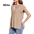 V-neck sleeveless loose pullover vest in camel viscose fibre with stripe pattern