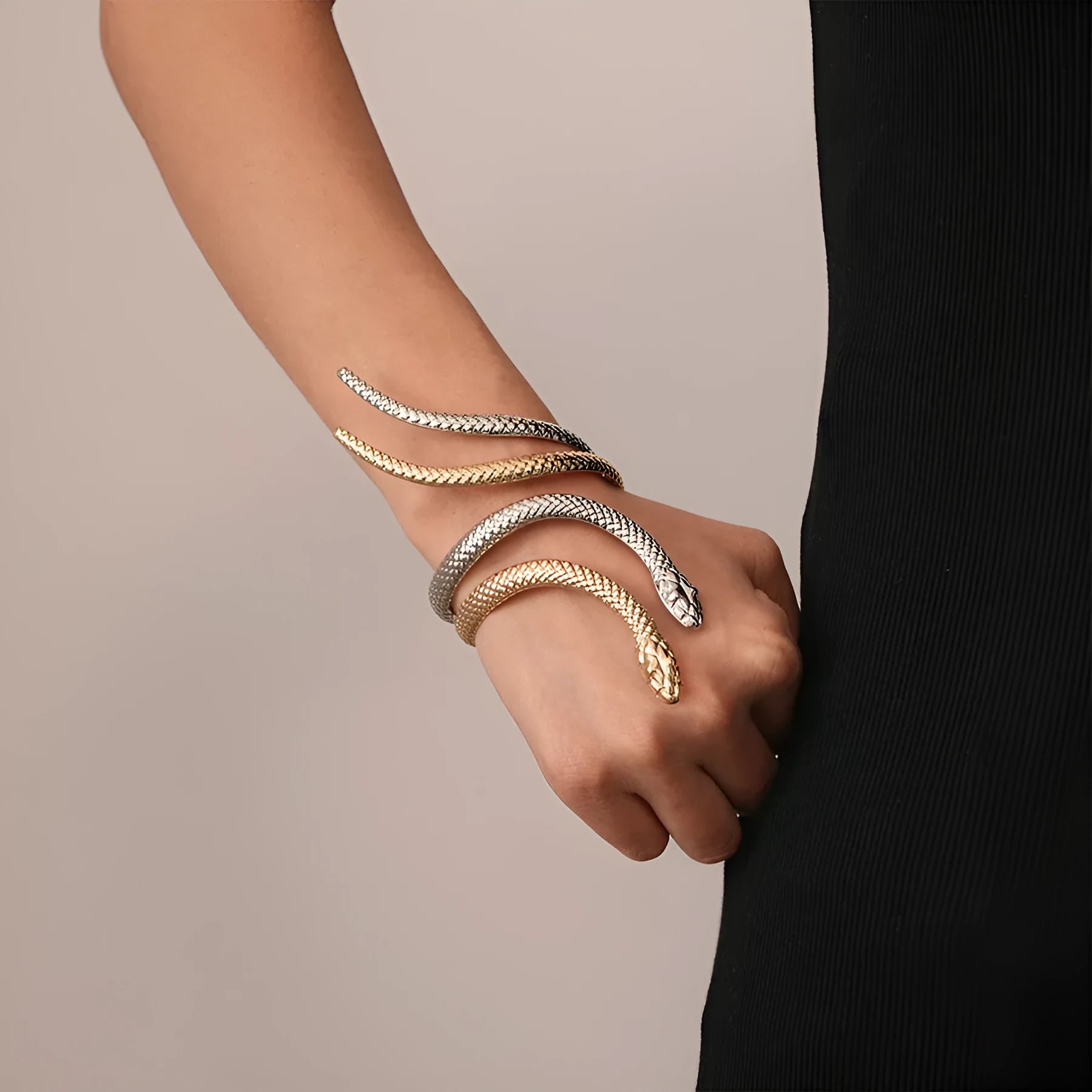 Gold and silver exaggerated twisted winding snake design bracelet and ring two-piece jewellery set