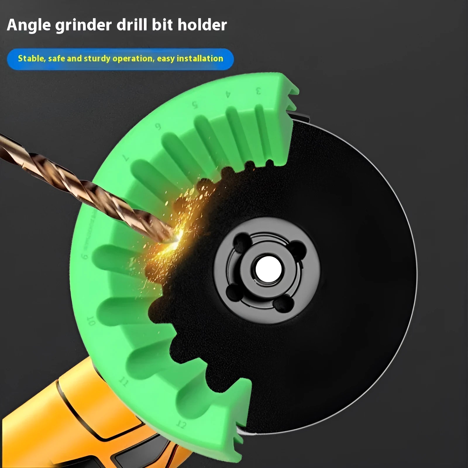 Angle grinder grinding bit bracket holder in yellow, green, and black colour options.