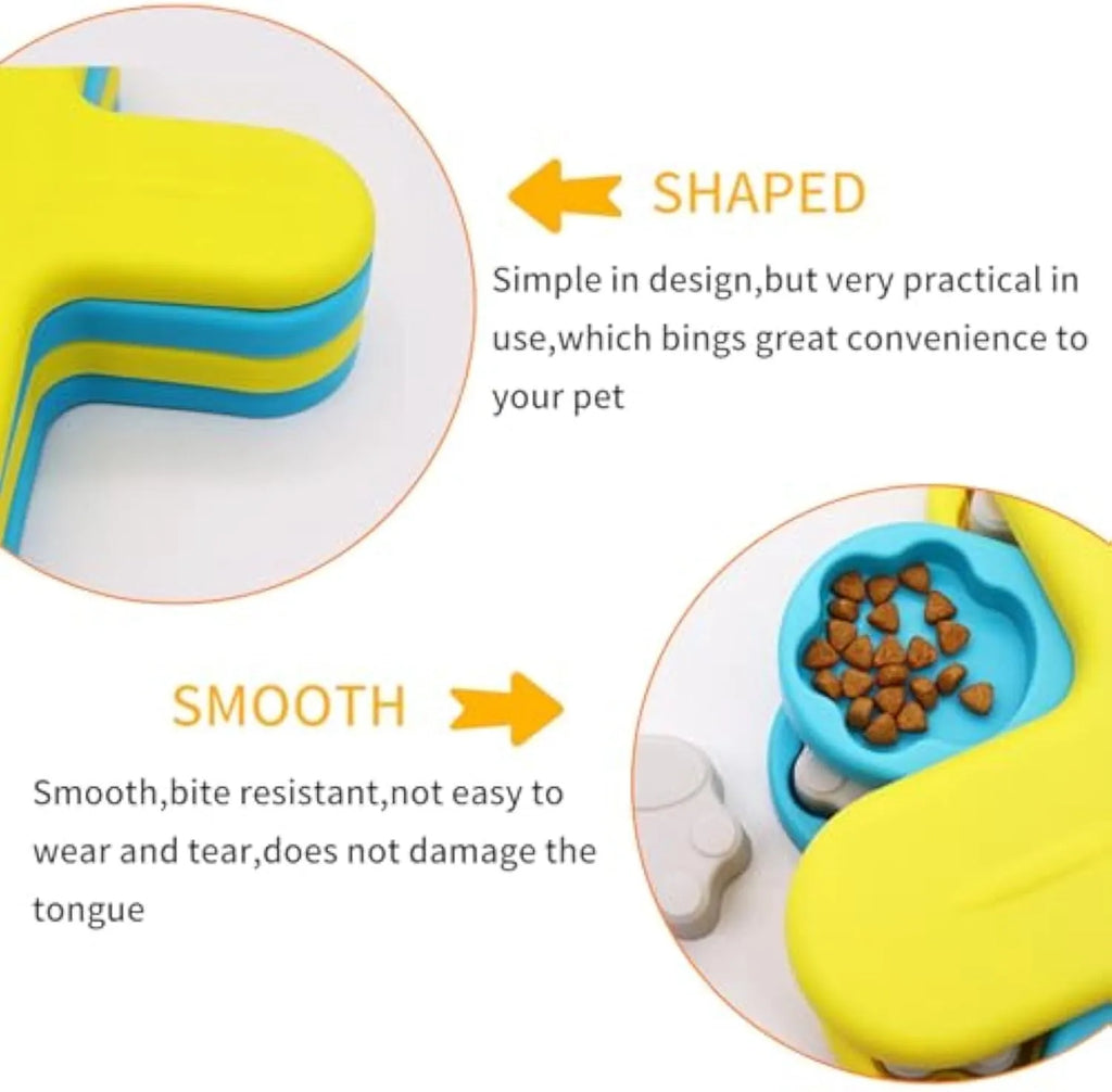 Yellow dog puzzle feeder bowl with three rotating layers and anti-slip rubber base