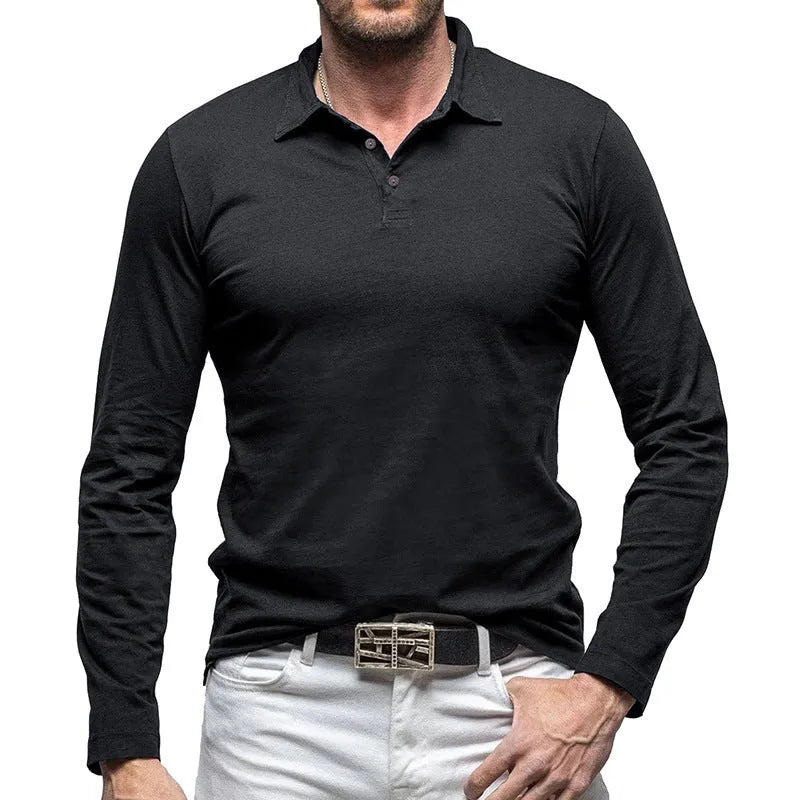 Men's long sleeve cotton t-shirt with a polo collar in an American retro style, shown in Dark Grey.