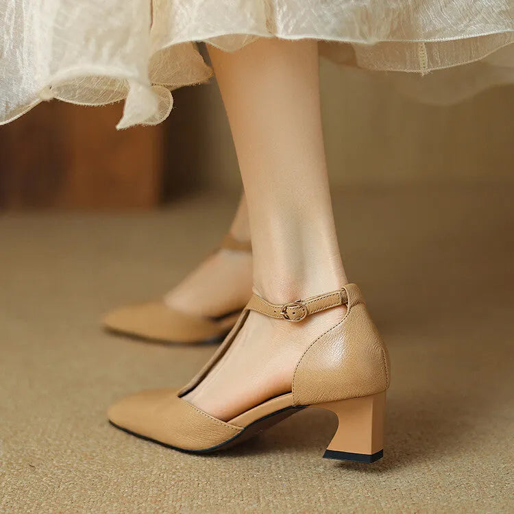 Wine red women's chunky heel shoes with square toe and buckle, made from sheepskin leather.
