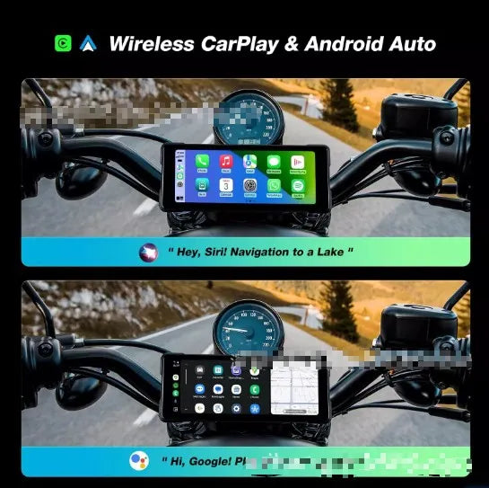 6.86-inch motorcycle driving recorder with IP68 waterproof shell, high brightness IPS touch screen, and dual recording cameras mounted on handlebars