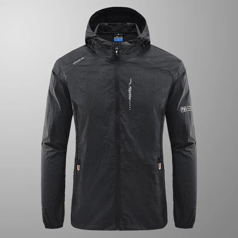 Men's thin summer hooded jacket in nylon fabric showing loose fit and available colour options