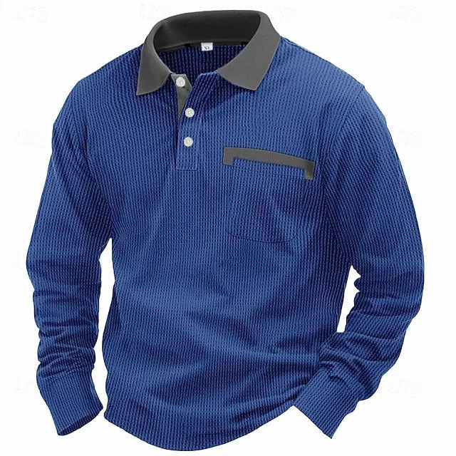 Man wearing a long-sleeved waffle knit polo shirt in a solid colour with an asymmetric design detail.