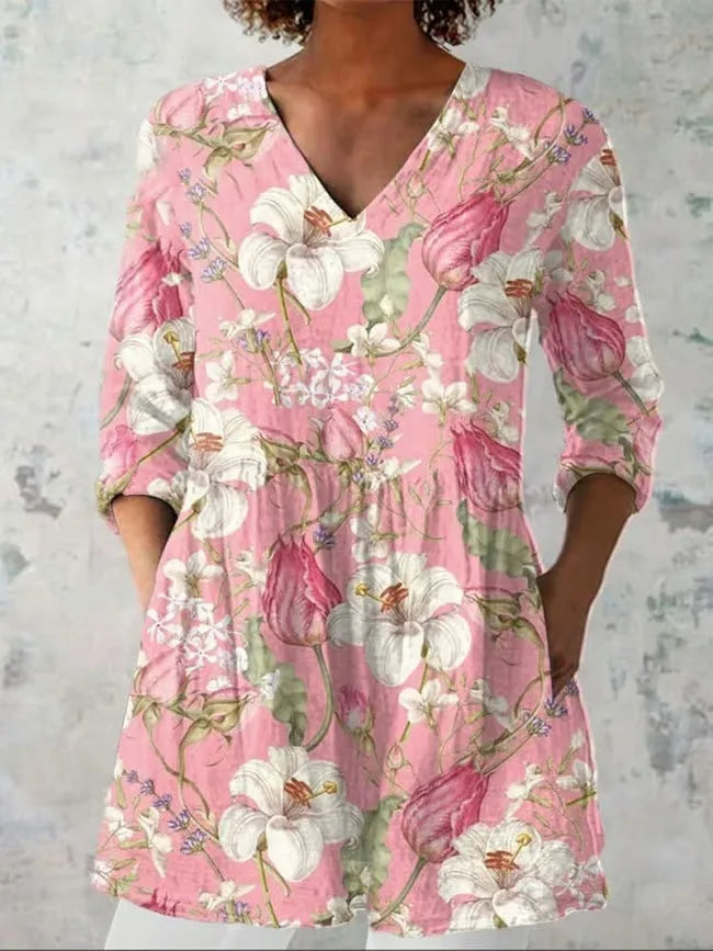 Women's retro slim fit long-sleeved polyester top with digital printing in multiple colour designs