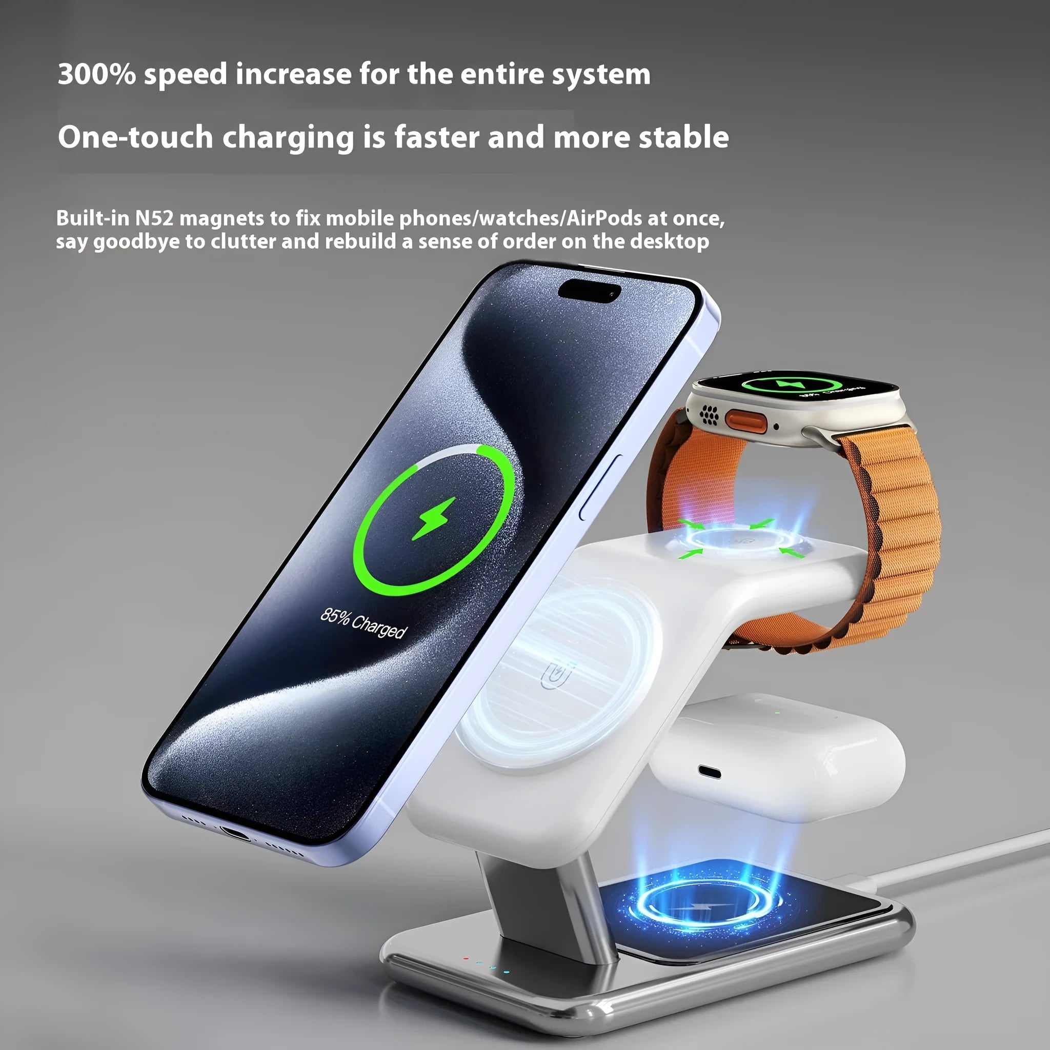 3-in-1 magnetic wireless charging bracket in ivory white showing phone, earphone, and watch charging positions