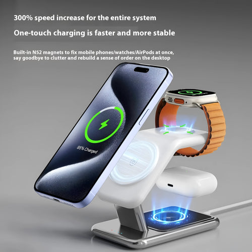3-in-1 magnetic wireless charging bracket in ivory white showing phone, earphone, and watch charging positions