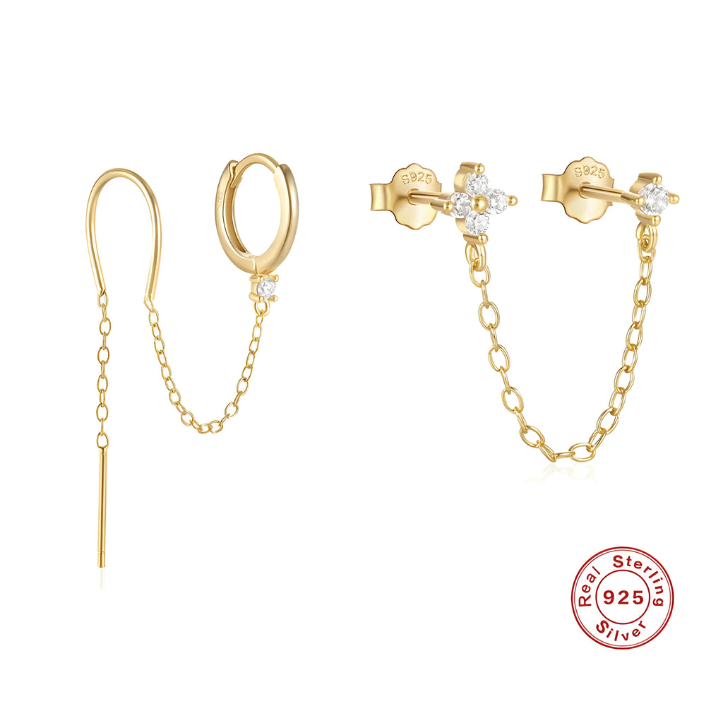 S925 sterling silver geometric ear clip stud earrings with flower and tassel design in electroplated gold colour