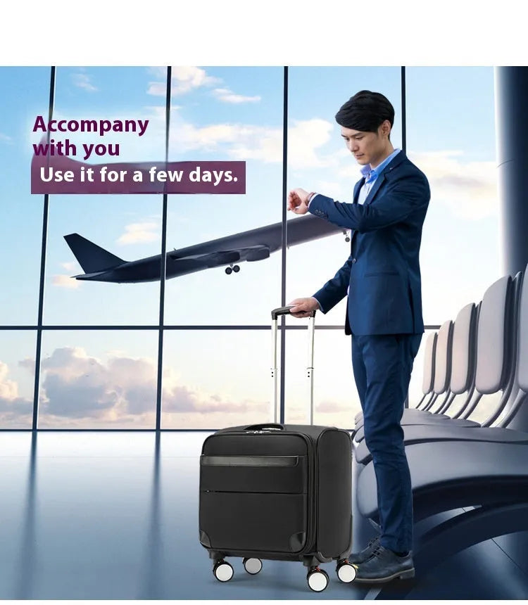 18 inch black Oxford cloth business travel suitcase with telescopic handle and universal wheels.