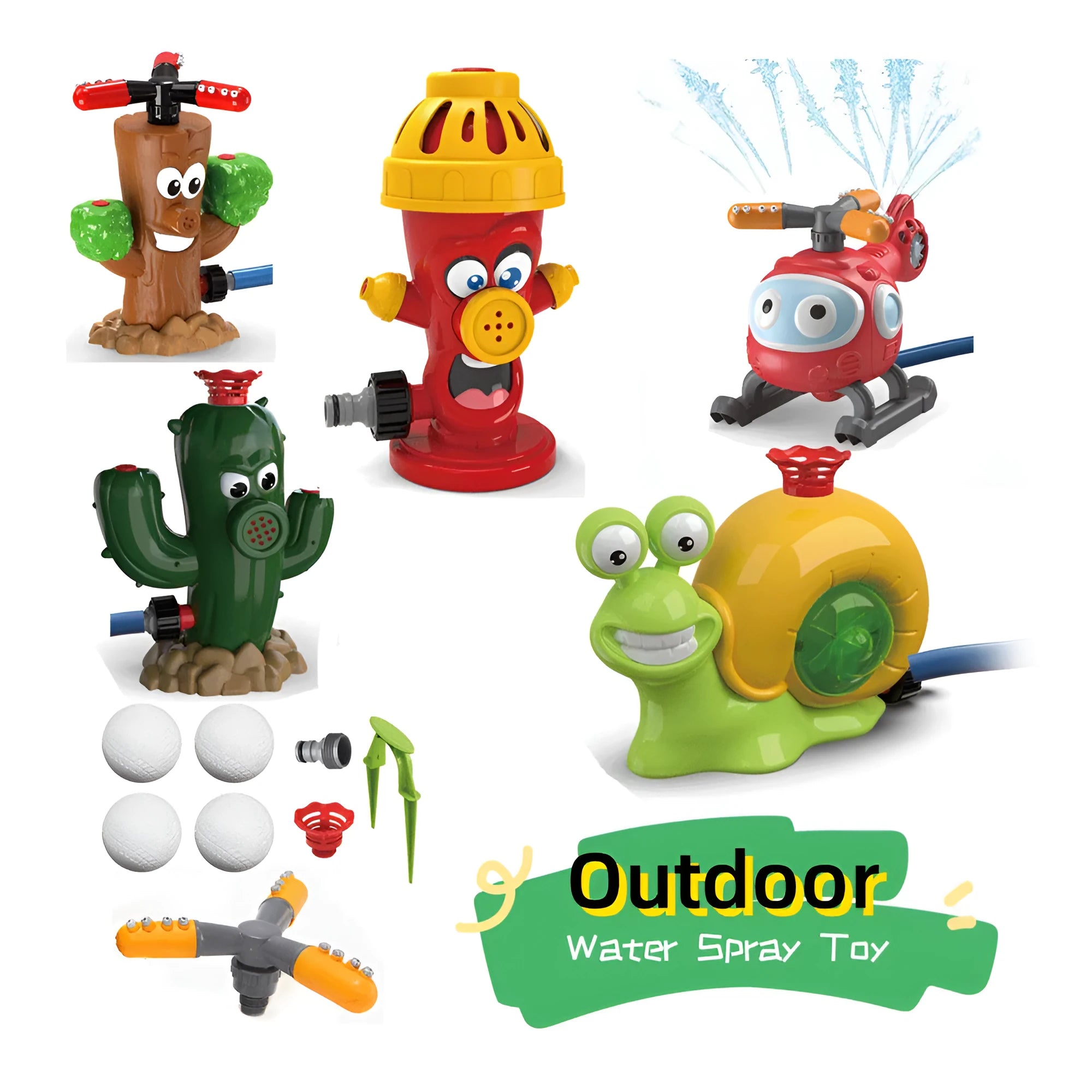 Cactus-shaped outdoor water sprinkler toy for kids on green grass with water spray