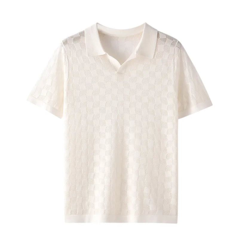 Men's short sleeve lapels business sweater in mulberry silk with Jacquard craft detail