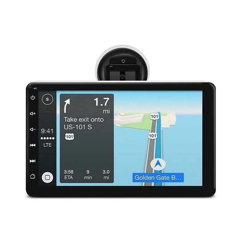 7-inch car GPS navigator with wireless CarPlay and reversing camera on dashboard with suction cup mount