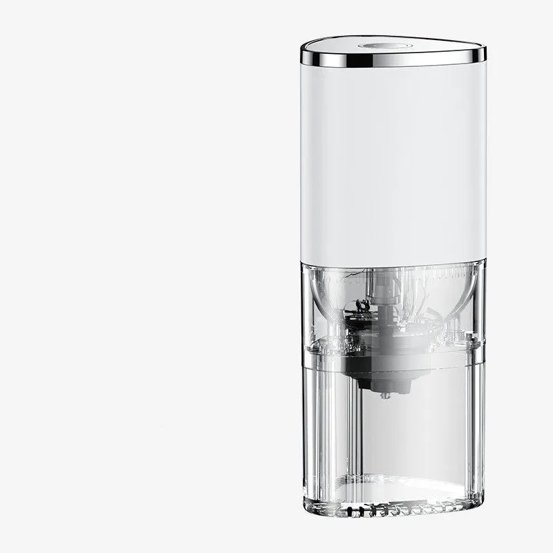 Electric coffee grinder with ceramic burr, USB rechargeable, portable, in frosted white on dark background