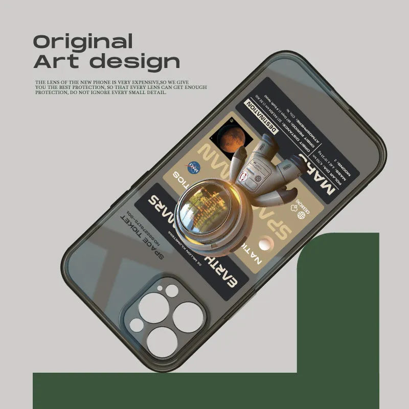 Black soft TPU protective phone case for Apple iPhone, showing Mars Ticket and Oasis Flights design variants.