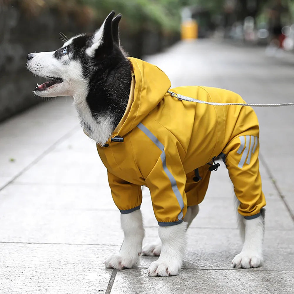 Waterproof dog raincoat with reflective strips, hood, and four-leg design for small medium dogs