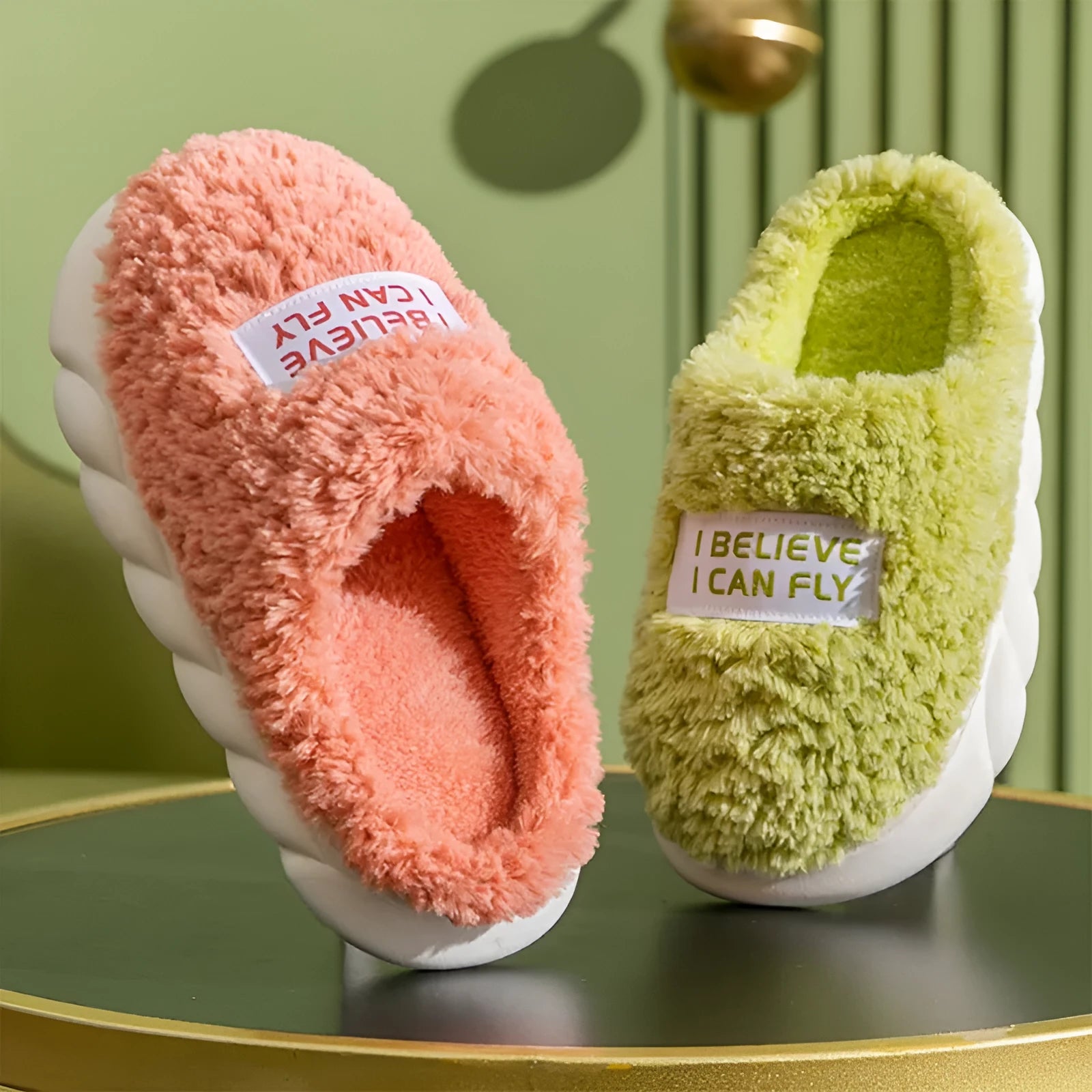 Warm plush slippers with faux fur lining and PVC sole in brown, a unisex home shoe for winter