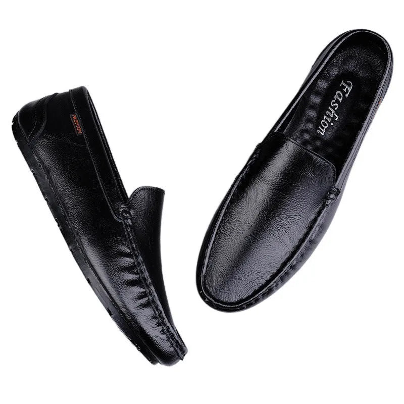 Men's casual leather shoes in black with soft cowhide upper, non-slip rubber sole, and tall crown design