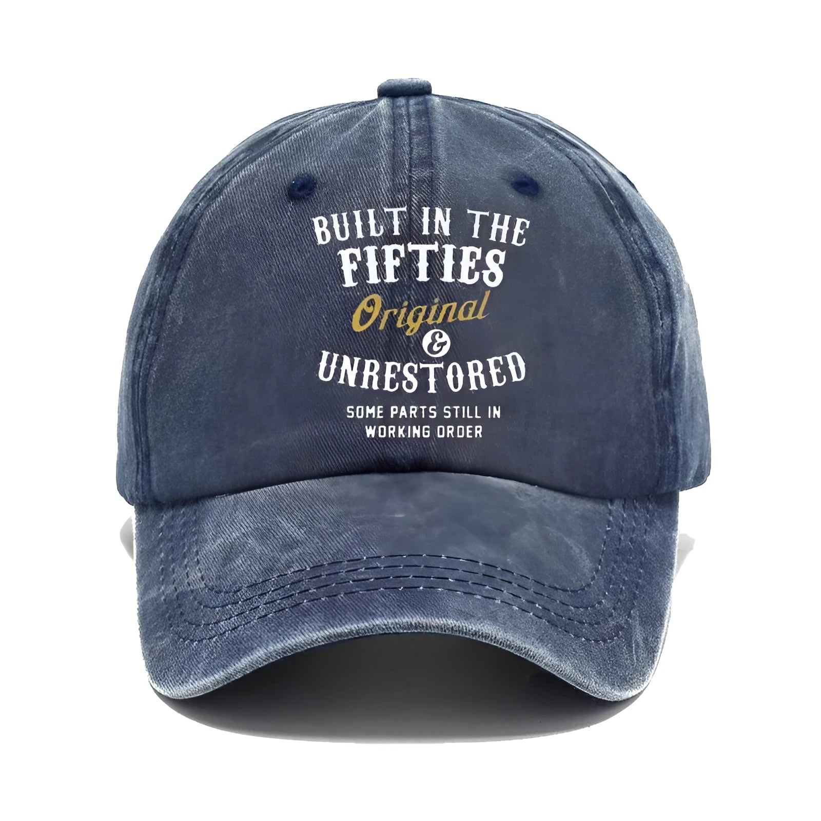 Washed print denim baseball cap with dome crown in retro style, available in multiple colours