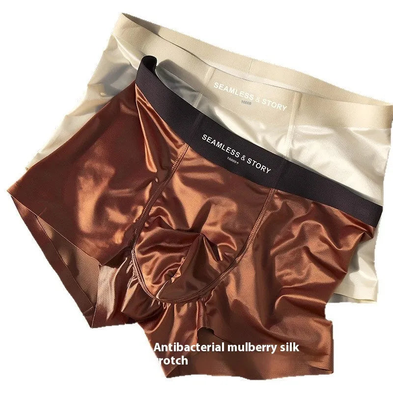Men's satin ice silk underwear in mid waist design showing traceless construction