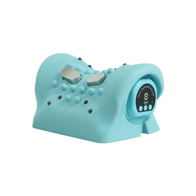 Blue-green cervical massage pillow with EMS, heat, and vibration functions for neck and shoulder relief