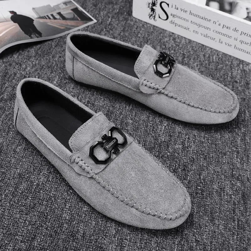 Men's black and grey suede summer casual shoes with leather details and rubber soles
