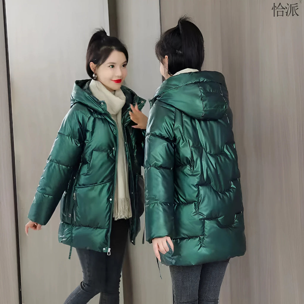 Women's loose thick winter hooded jacket in black colour with long sleeves