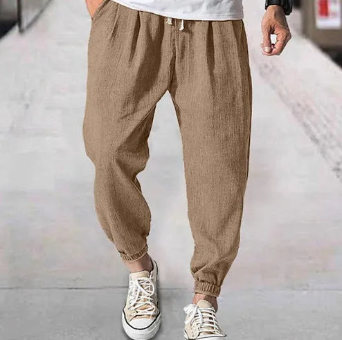 Men's casual cotton trousers in loose ankle-band fit for summer wear