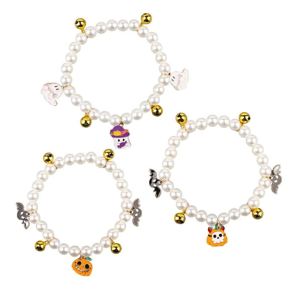Halloween cat collar decoration with simulated pearls and pumpkin designs