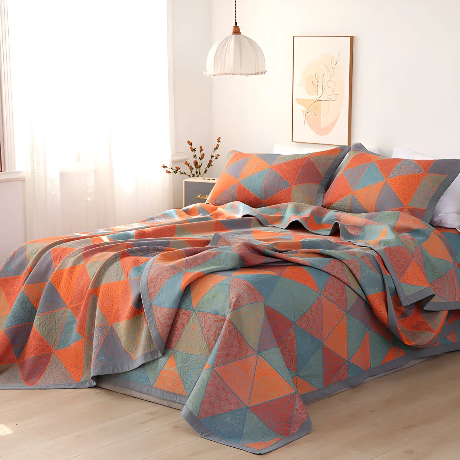Cotton gauze bed blanket set with floral patterns showing blanket and two pillowcases