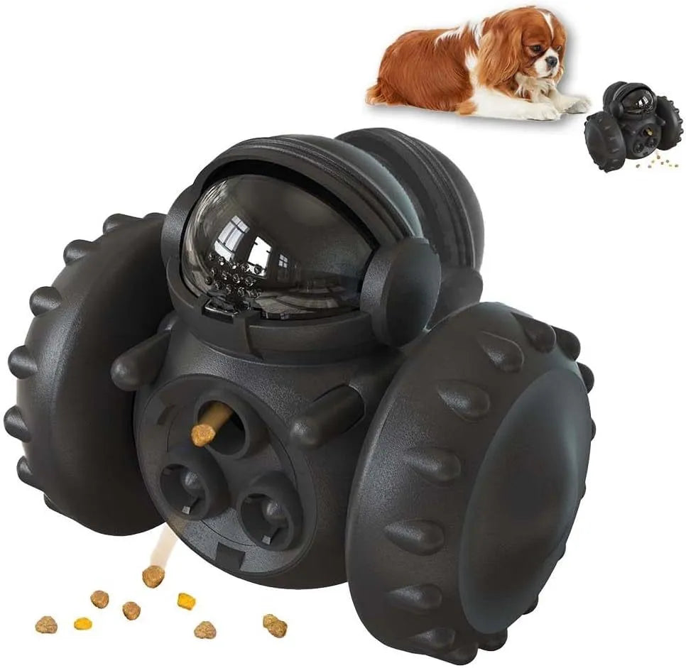 Self-balancing roller dog treat puzzle toy for small dogs and cats in assorted colours.