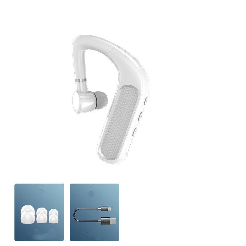 Bluetooth earphones in black with hanging ear design shown with charging cable and three pairs of silicone ear caps