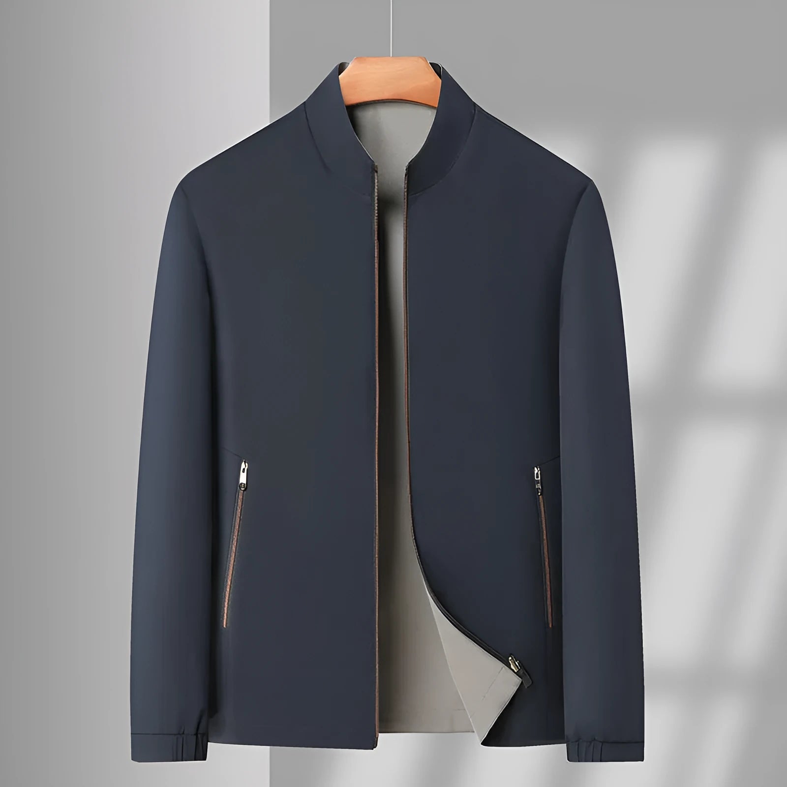 Men's double-sided stand collar casual loose windproof jacket in solid colour, size stick pockets, polyester fibre, front view