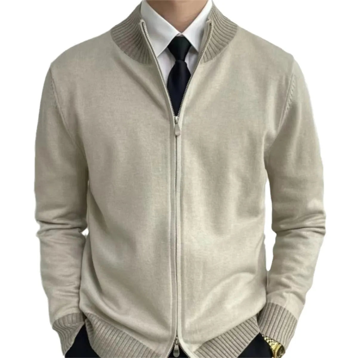Men's loose-fit polyester knitwear coat in navy blue, long sleeves, size M to 3XL