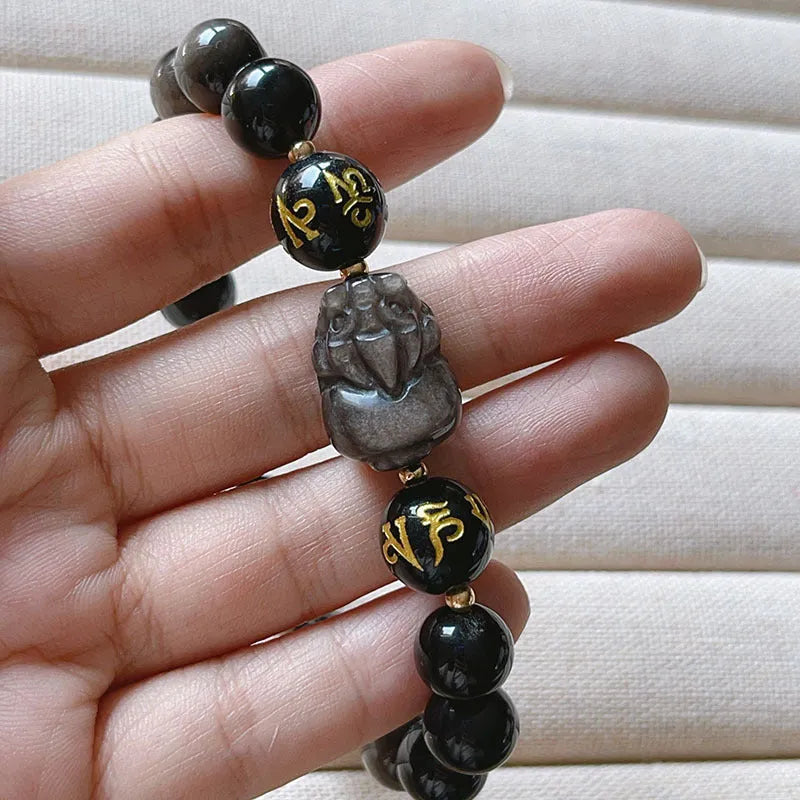 Handcrafted silver stone bracelet for men with Chinese zodiac proverbs on beads