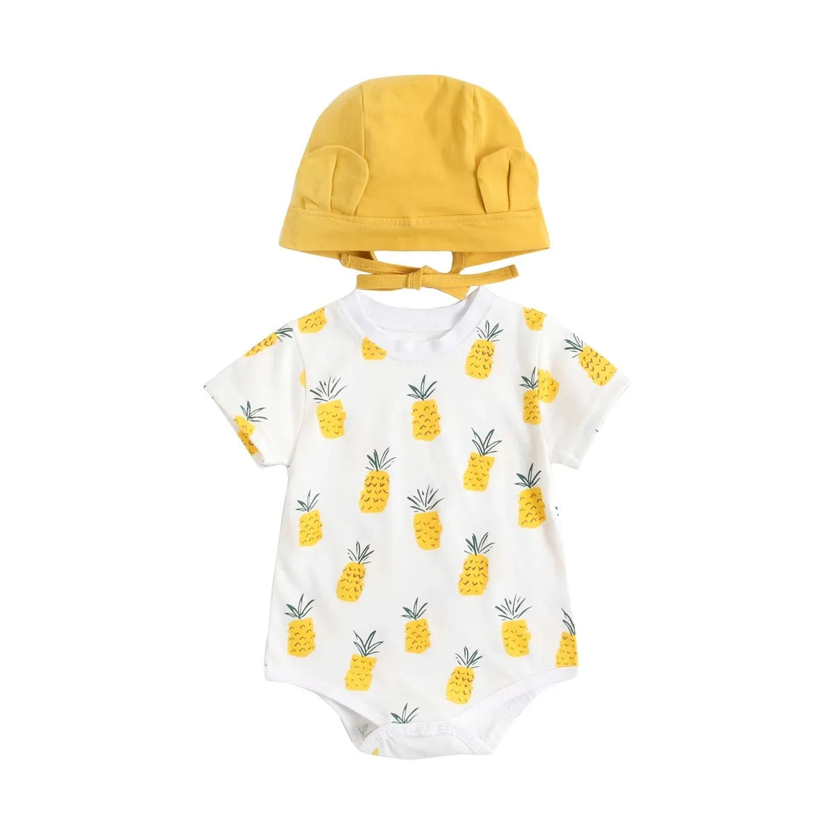 Pure cotton summer romper suit with matching hat in banana colour for baby