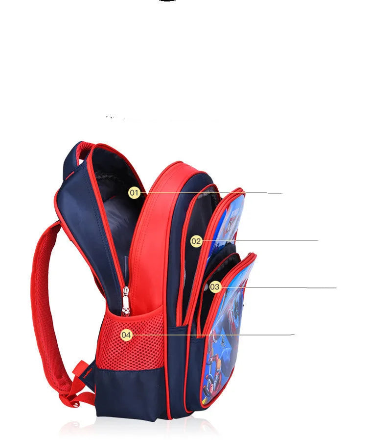 Blue children's school backpack with anime cartoon printing showing front pocket and shoulder straps