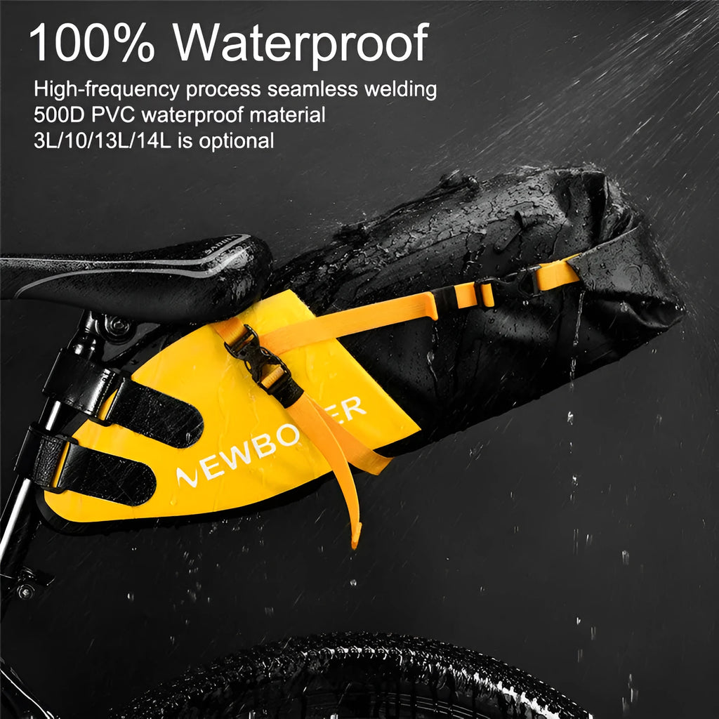 Waterproof PVC bicycle tail bag with 13-litre capacity in black, green, or yellow colour options