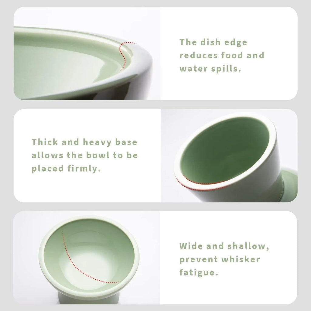 Blue ceramic elevated cat bowl with wide shallow dish and 12cm height for whisker-friendly feeding