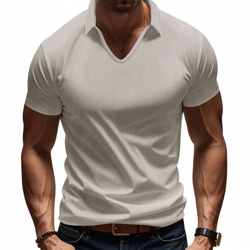 Men's loose fit V-neck short sleeve t-shirt in light blue cotton blend fabric