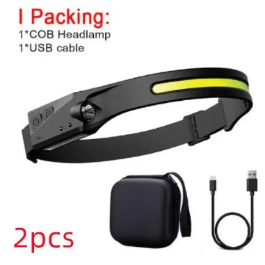 COB LED induction headlamp with wide beam and side LED for long-distance lighting, USB rechargeable, silicone build