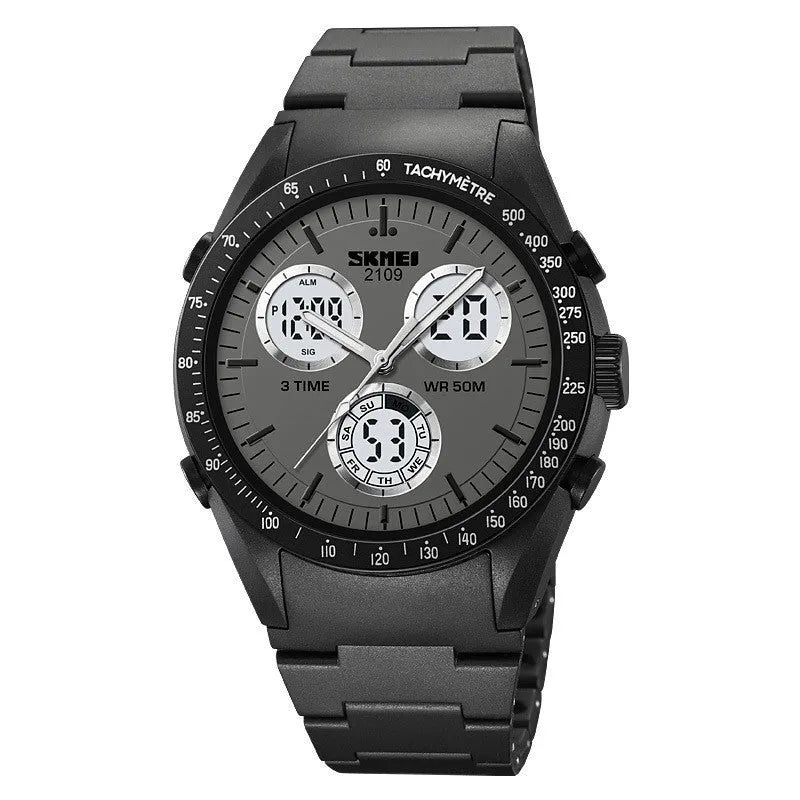 Electronic digital watch with a camouflage TPU strap and resin mirror, showing time on display.