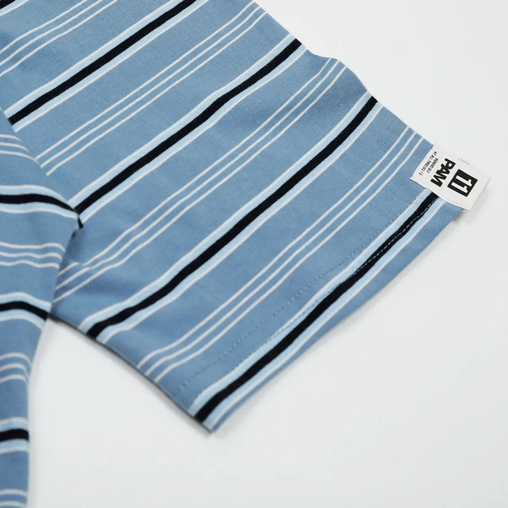 Man's blue stripe vintage cotton polo shirt with short sleeves and loose fit