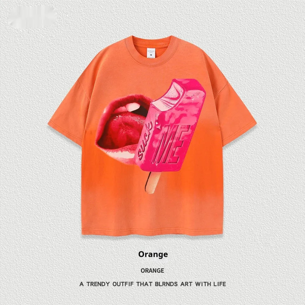 Heavy washed short-sleeved cotton t-shirt in loose pullover fit on a hanger