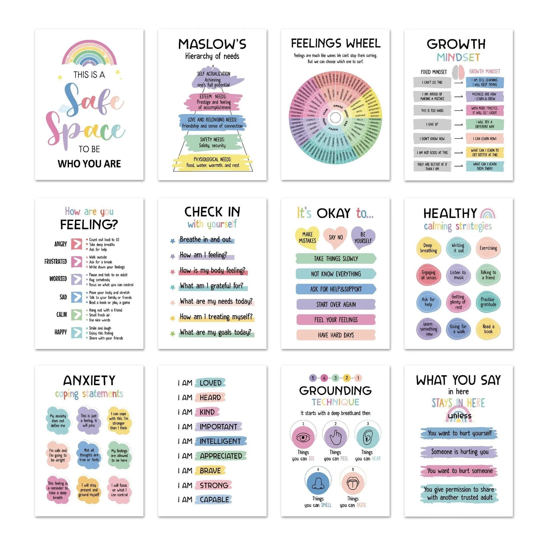 Set of 12 mental health posters on coated paper with bright film finish, 255x355mm, including glue dots