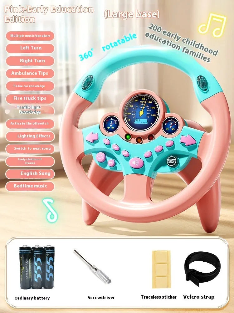 Children's steering wheel early education toy with music and lights, plastic, 25.5x25.5cm, pink traffic version