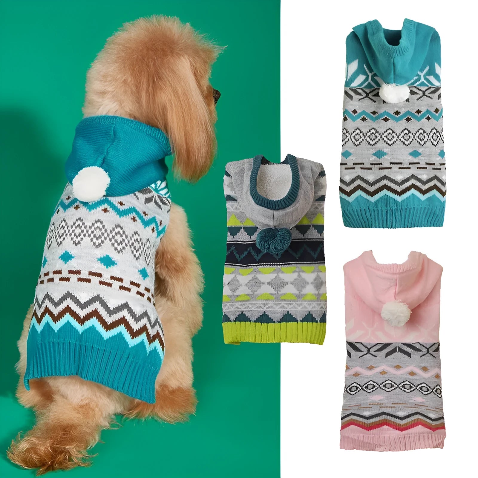 Green acrylic knit dog sweater with a diamond pattern, sized for a small dog.