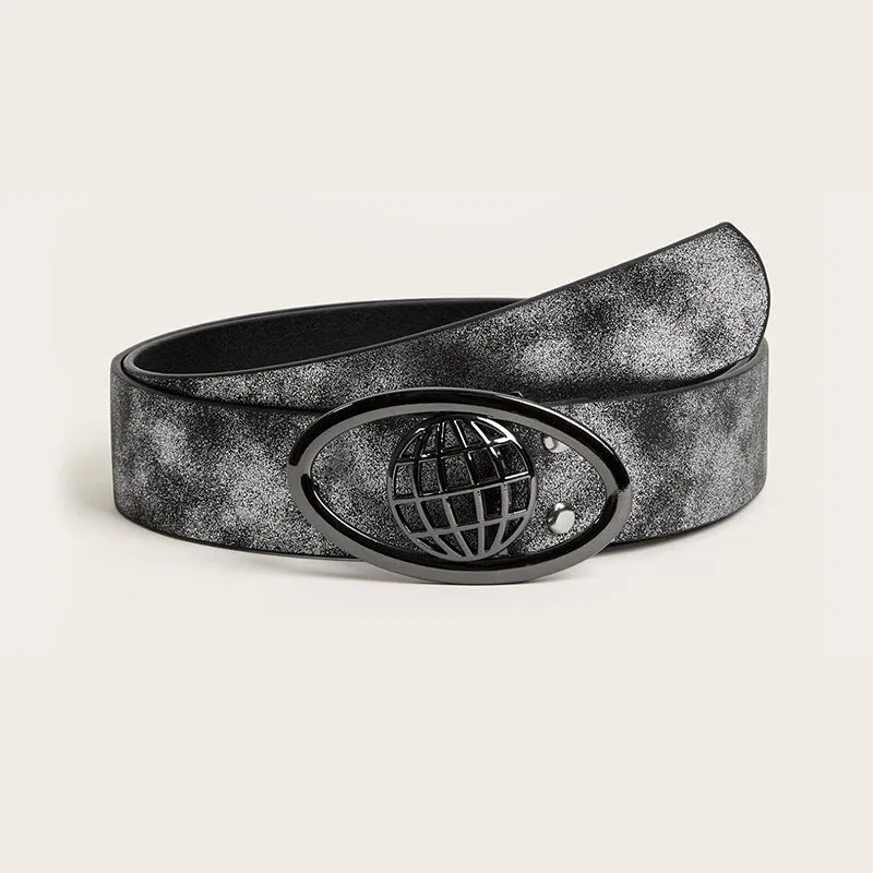 Women's wide retro belt with oval buckle in earth tone grey white colour
